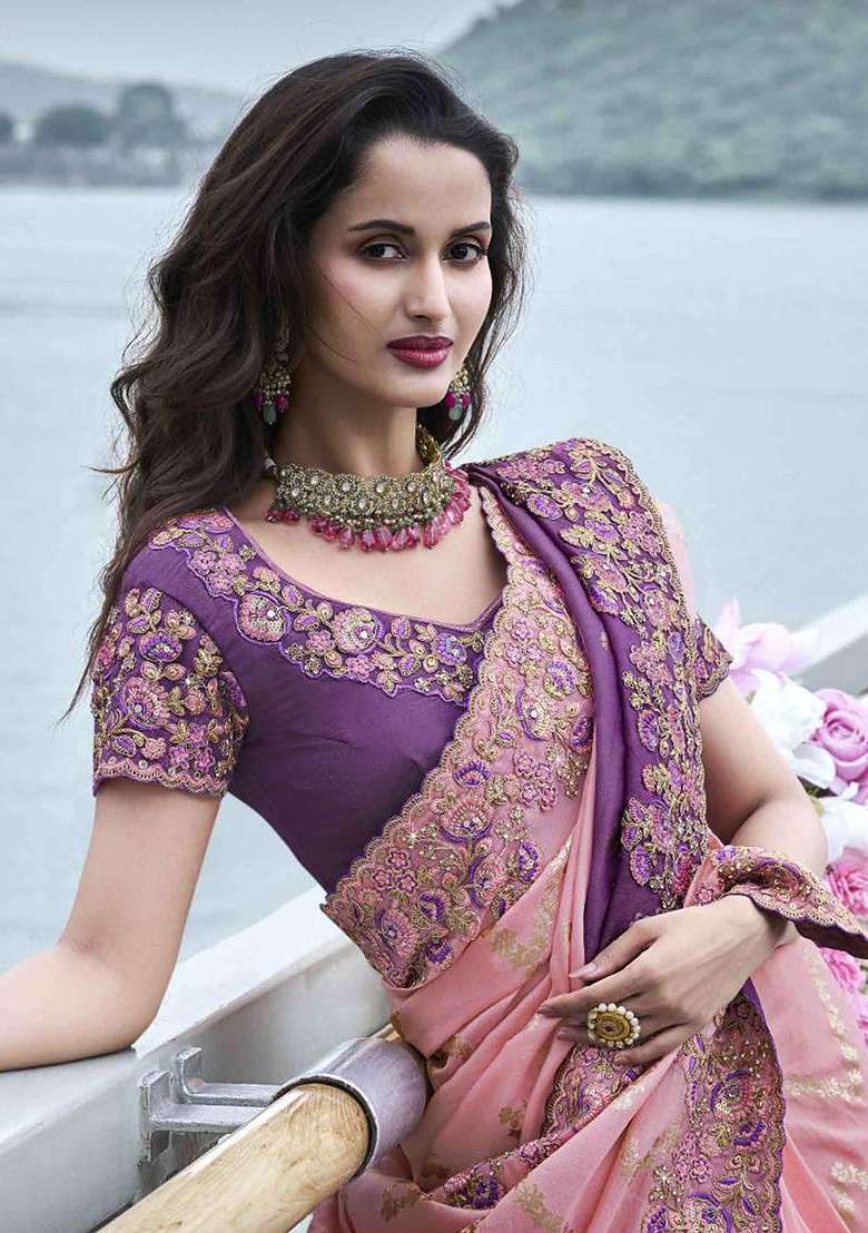 Purple Embroidered Silk Blend Saree Set - Indya